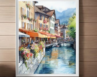 Annecy France Watercolor Print: Le Thiou River Scene (Digital Download)