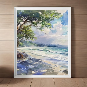 Manuel Antonio schilderij, Costa Rica aquarel print, strand kunst aan de muur, nationaal park artwork, zeegezicht afdrukbare reisposter cadeau download