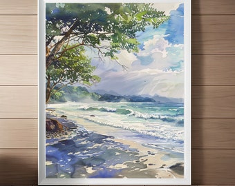 Manuel Antonio Watercolor Print: Costa Rica Beach Seascape (Digital Download)
