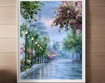 Washington DC Watercolor Print:  Spring Cherry Blossoms Art, US Capitol Building Artwork (Digital Download)