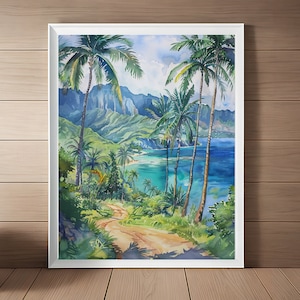 Kauai Art Print, Hanalei Bay Watercolor Painting, Hawaii Beach Wall Art, Palm Trees Seascape Art, Travel Gift, Printable Instant Download