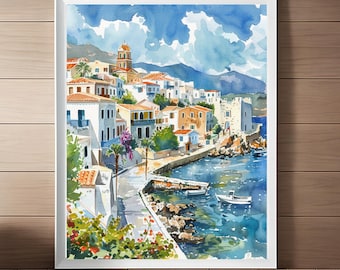 Crete Greece Watercolor Print: Mediterranean Seascape Art (Digital Download)
