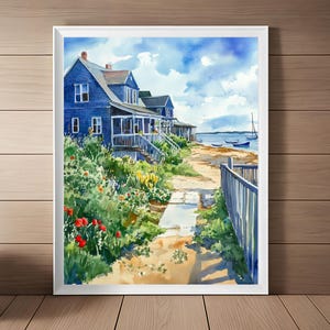 Martha&#39;s Vineyard Watercolor Art Print: Coastal Seaside Painting (Digital Download)