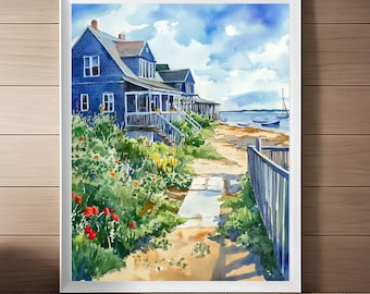Martha's Vineyard Watercolor Art Print: Coastal Seaside Painting (Digital Download)