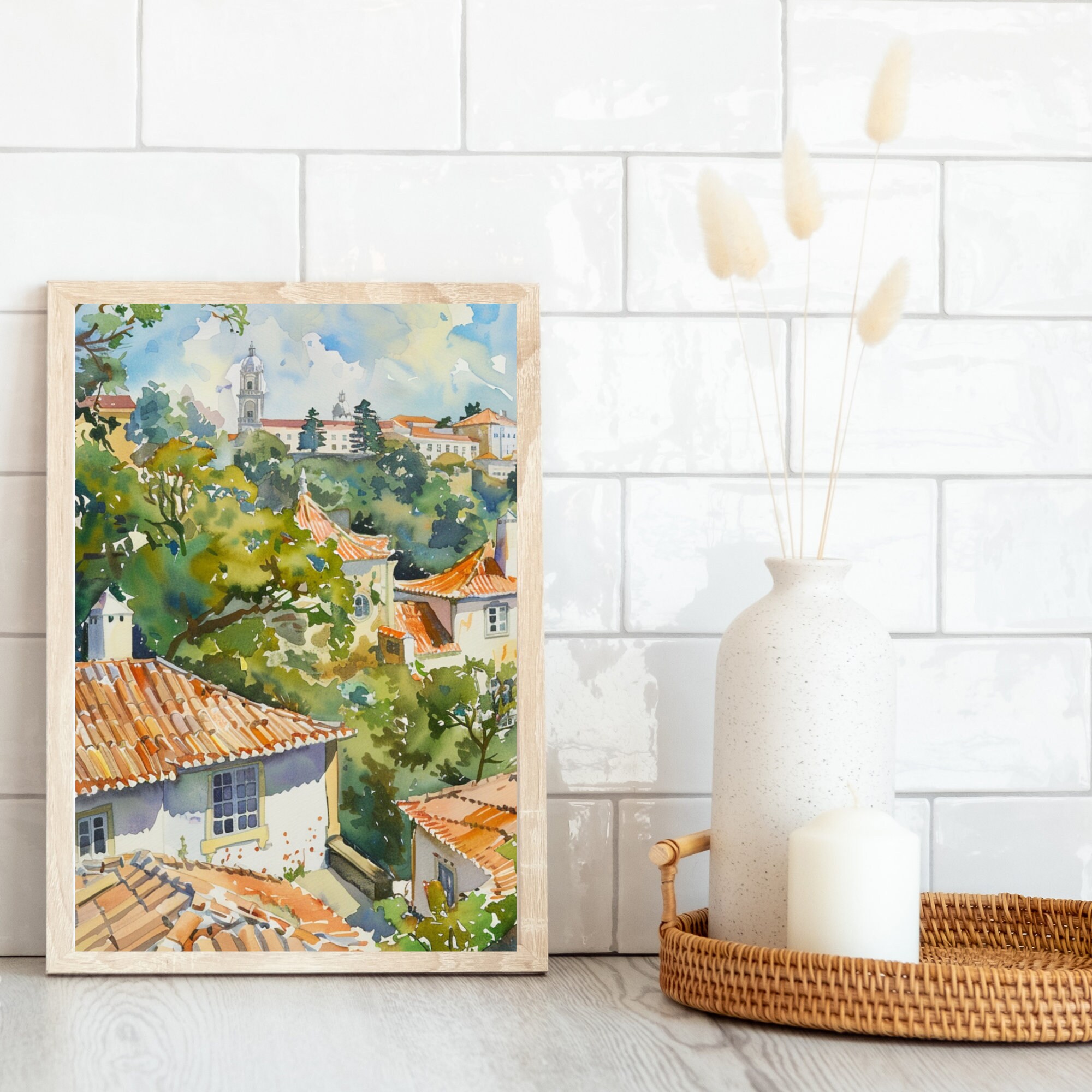 ポルトガル、シントラの水彩画アートプリント：ヴィンテージな街並み