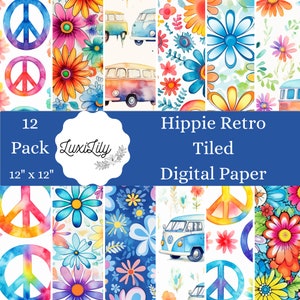 Hippiepatroon Digitaal papierpakket Groovy achtergrond Naadloos patroon Flower Power Peace 70s aquarel plakboek Hippietexturen