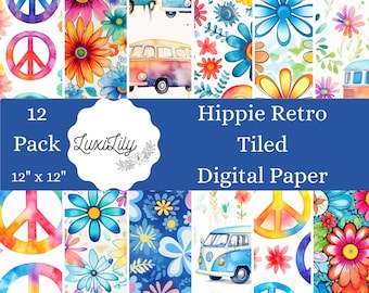 70s Hippie Digital Paper Pack: Groovy Retro Patterns, Seamless Flower Power, Peace Backgrounds (Digital Download)