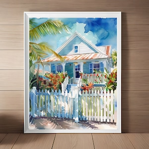 Peinture de Key West, impression d'art aquarelle cottage des Florida Keys, impression côtière, art mural plage, art de voyage en Floride téléchargement imprimable