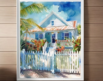 May include: A watercolor painting of a light blue house with a white picket fence. The house has a red roof and a porch with white railings. There are palm trees and lush green foliage in the background.