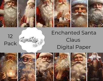 Utskrivbart digitalt papper med förtrollad jultomte, jultomtebakgrund, jullandskapsbakgrund, scrapbooking-nedladdningar för skräpjournalsidor