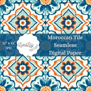 Puede incluir: Un patrón de papel digital sin costuras con un diseño de azulejos marroquíes. El patrón está en tonos de azul, naranja y blanco. El diseño de azulejos mide 30,48 cm por 30,48 cm y está disponible como archivo JPG.