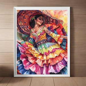 Traditional Mexican Woman Dancing Art Print, Mexican Folk Art Painting, Colorful Mexico Wall Art, Mexico Travel Art Printable Download