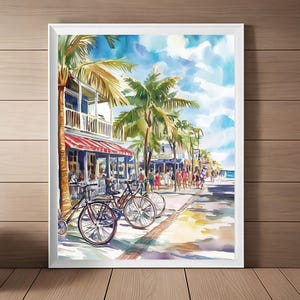 Mallory Square Art, Key West Painting, Duval Street, Florida Keys Watercolor Print, Coastal Wall Art, Florida Travel Art Printable Download