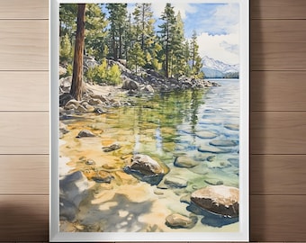 タホ湖の水彩画プリント：ネバダ州の風景（デジタルダウンロード）