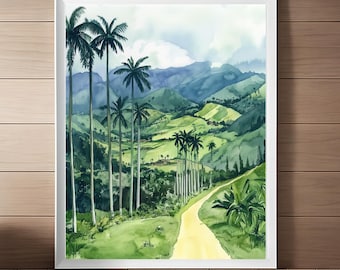 Arte do Vale do Cocora, Impressão em Aquarela, Presente de Viagem à Colômbia, Paisagem Verdejante, Palmeiras, Pôster de Viagem à Colômbia, Download para Impressão