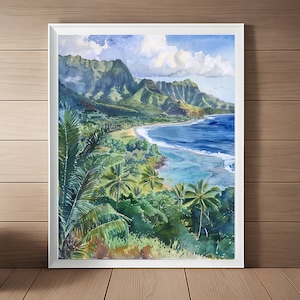Kauai Painting, Hanalei Bay Watercolor Art Print, Hawaii Beach Wall Art, Seascape Art Palm Trees Artwork, Coastal Printable Download