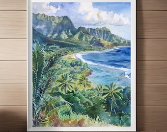 Hanalei Bay Watercolor Painting: Kauai Hawaii Seascape Travel Art Poster (Digital Download)