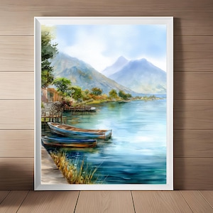 Lake Atitlan Print, Rustic Guatemala Painting, Latin America Wall Art, Guatemala Volcano Travel Art, Printable Art, Digital Download