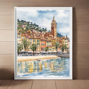 Menton Watercolor Painting, French Wall Art, Menton Travel Poster, Côte d&#39;Azur, South of France Poster, Europe, French Riviera Travel Gift