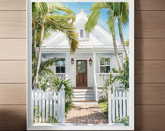 May include: A white cottage with a brown door and a white picket fence. The cottage is surrounded by lush green palm trees and has a brick walkway leading to the front door.