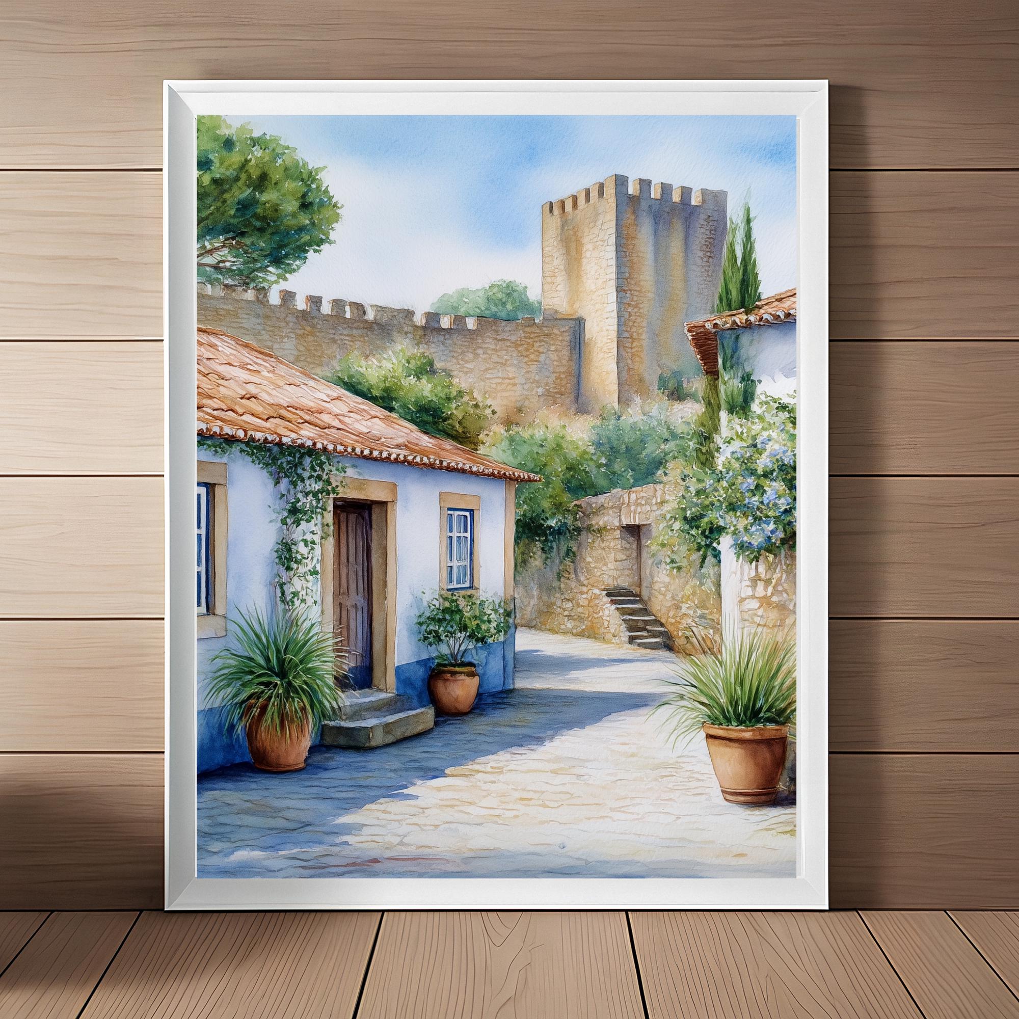 オビドス（ポルトガル）の水彩画：植民地時代の都市景観芸術（デジタル