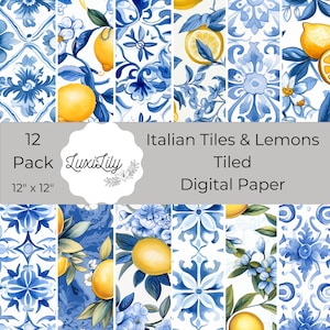 Carta digitale con piastrelle italiane e limoni, pagine di scrapbooking con limoni e piastrelle mediterranee, sfondi blu e gialli, artigianato digitale, biglietti