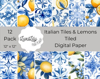 Italian Tile & Lemons Digital Paper: Mediterranean Scrapbook Pages (Digital Download)
