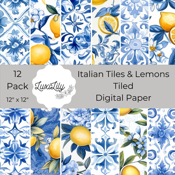 Italian Tile and Lemons Digital Paper, Lemons & Mediterranean Tiles scrapbooking Pages, Blue and Yellow Backgrounds, Digital Crafts, Cards