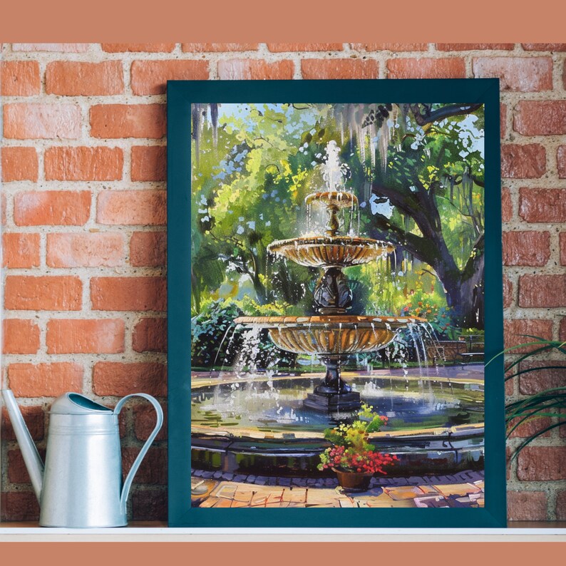 Forsyth Park Fountain Savannah Painting, Oak Trees with Spanish Moss Watercolor Art Print, Georgia Wall Art Historic Southern US Travel Art