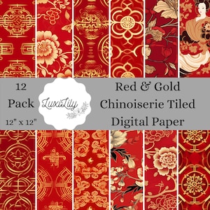 Red Gold Chinoiserie Digital Paper: Oriental Floral Patterns (Digital Download)