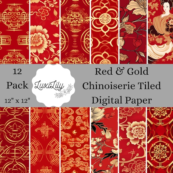 Red Gold Chinoiserie Digital Paper Seamless Pattern Chinese backdrop Geisha Asian Background Toile Journal Fabric Oriental Scrapbooking