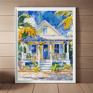 Cottage de Key West, peinture, impression d'art aquarelle des Keys de la Floride, impression côtière, art mural plage, art de voyage en Floride téléchargement imprimable