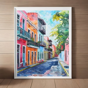 Arte de Puerto Rico, pintura del Viejo San Juan, impresión de acuarela de paisaje urbano colonial español vintage, obra de arte de paisaje urbano, regalo de arte de viaje imprimible