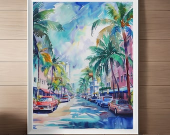 May include: Watercolor painting of a street scene in Miami Beach, Florida. Palm trees line the street, with colorful buildings and vintage cars parked along the sides. The sky is a bright blue with white clouds.