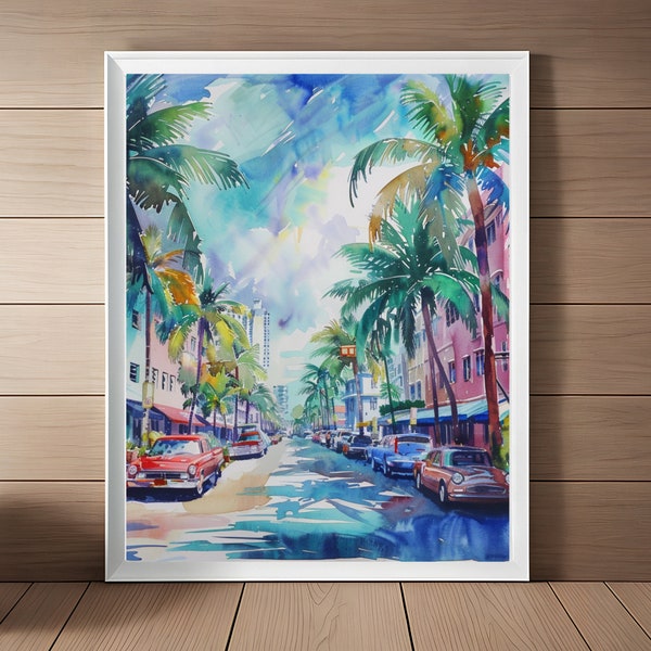 Ocean Drive Art, South Beach Watercolor Painting, Miami Wall Art Print, South Florida Streetscape Travel Art Printable, Cityscape Download