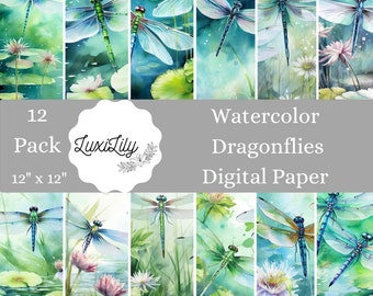Watercolor Dragonfly Digital Paper Pack: Scrapbook & Junk Journal (Digital Download 12x12 inch JPGs)