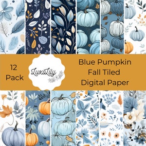 Blue Pumpkin Fall Digital Paper, Thanksgiving Seamless Patterns, Fall Scrapbook Papers, Autumn Paper Pack, Printable Backgrounds Leaves