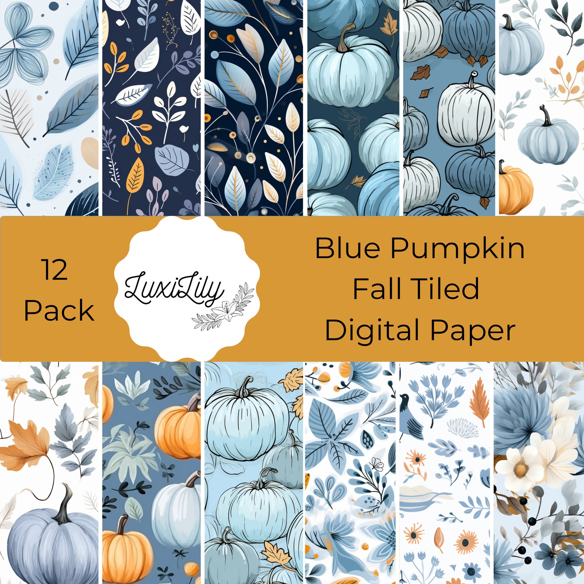 Blue Pumpkin Fall Digital Paper Pack: Thanksgiving Seamless Patterns ...