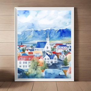 Reykjavik Print, Iceland Wall Art, Watercolor Painting, Iceland Wall Decor, Church, Reykjavik Cityscape, Europe Print, Travel Gift Download