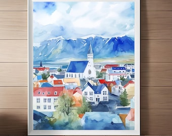 Reykjavik Iceland Watercolor Cityscape Print (Digital Download)