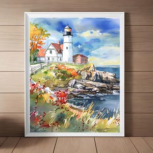 Aquarelprint Maine Lighthouse: kustherfstzeegezicht (digitale download)