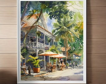 Key West Malerei Duval Street, Florida Keys Aquarell Kunstdruck, Küstendruck, Strand Wandkunst, Florida Travel Art druckbare Download