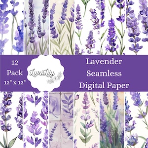 Papel digital lavanda con acuarela: patrones florales sin costuras para álbumes de recortes (descarga JPG, juego de 12)