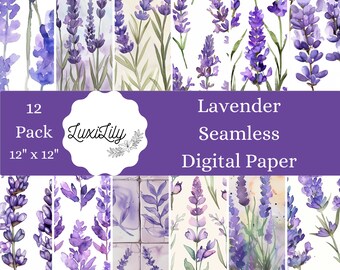 Watercolor Lavender Digital Paper: Seamless Floral Scrapbook Patterns (JPG Download, Set of 12)