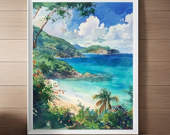 Virgin Islands Watercolor Print: St John Caribbean Beach, Travel Poster Gift (Digital Download)