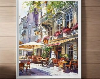 Vienna Cafe Watercolor Art Print: European Street Scene (Digital Download)