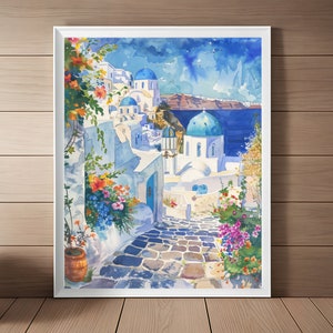 Santorini Painting Greek Art Print Greece Wall Art Watercolor Painting Greece Travel Art, Travel Gift Printable Instant Download