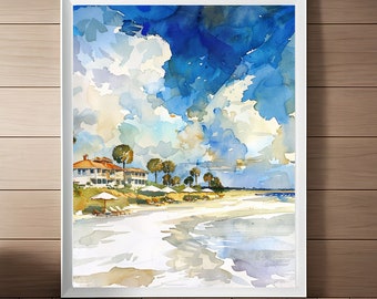 Impresión artística en acuarela de la playa de San Agustín: Paisaje marino costero (descarga digital)