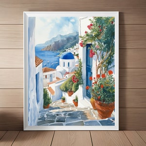 Santorini Greece Art Print: Blue Doors Watercolor Seascape (Digital Download)