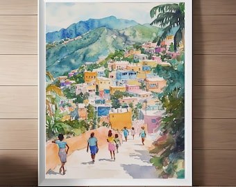 Haiti Malerei, Port-au-Prince Aquarell Druck, Haiti Wandkunst, Karibik Reise Geschenk, Insel bunte Landschaft druckbare sofortdownload